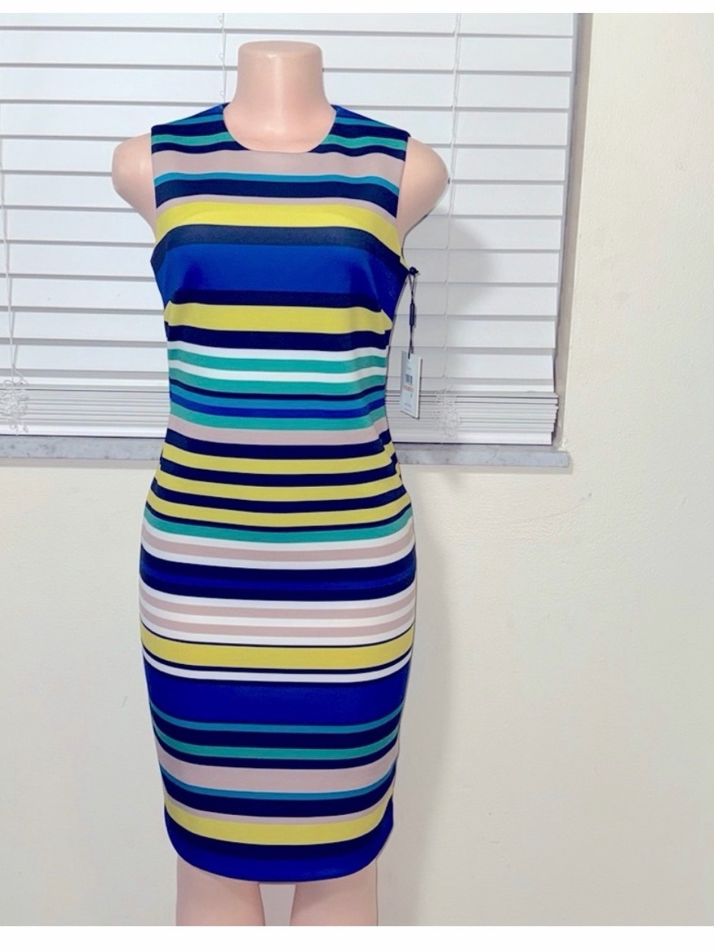 Calvin Klein Striped Sleeveless Midi Dress in Blue, Yellow, Green, White